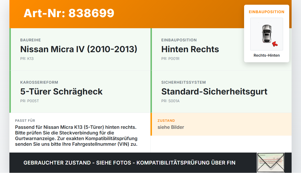 Nissan Micra IV K13 10-13 5T Gurtschloss Rechts Hinten Nissan Micra IV K13 10-13 27.02.2013 gebraucht Vorschau 3
