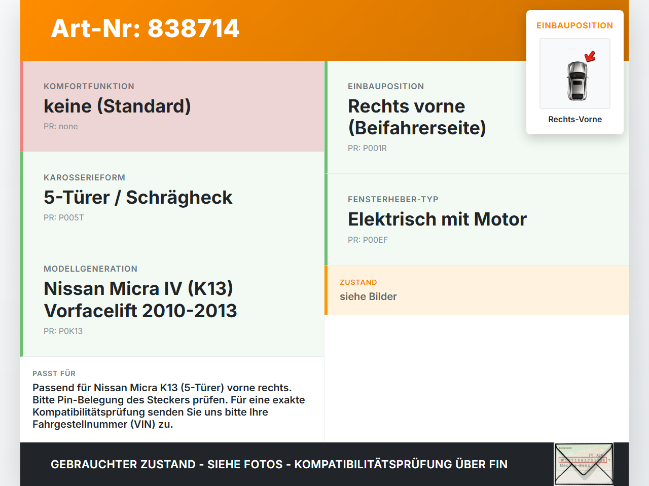 Nissan Micra IV K13 10-13 5T Fensterhebermotor mit Fensterheber Rechts Vorne Nissan Micra IV K13 10-13 27.02.2013... Vorschau 3