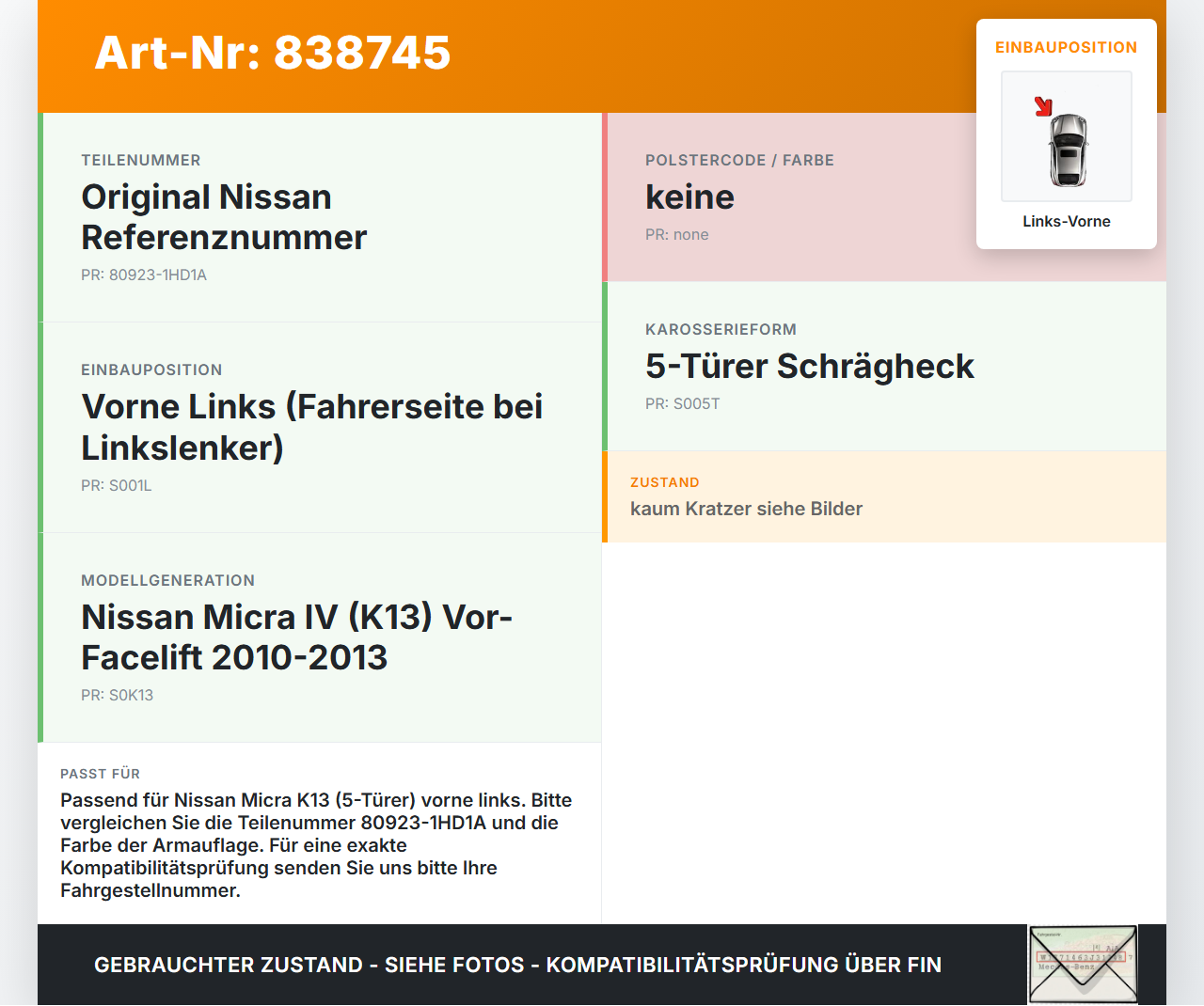 Nissan Micra IV K13 10-13 5T Türverkleidung Türpappe Links Vorne Nissan Micra IV K13 10-13 27.02.2013 80923-1HD1A... Vorschau 3