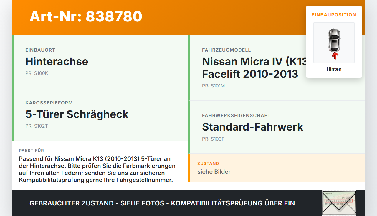 Nissan Micra IV K13 10-13 5T Beide Feder Federn Hinten Nissan Micra IV K13 10-13 27.02.2013 gebraucht Vorschau 3