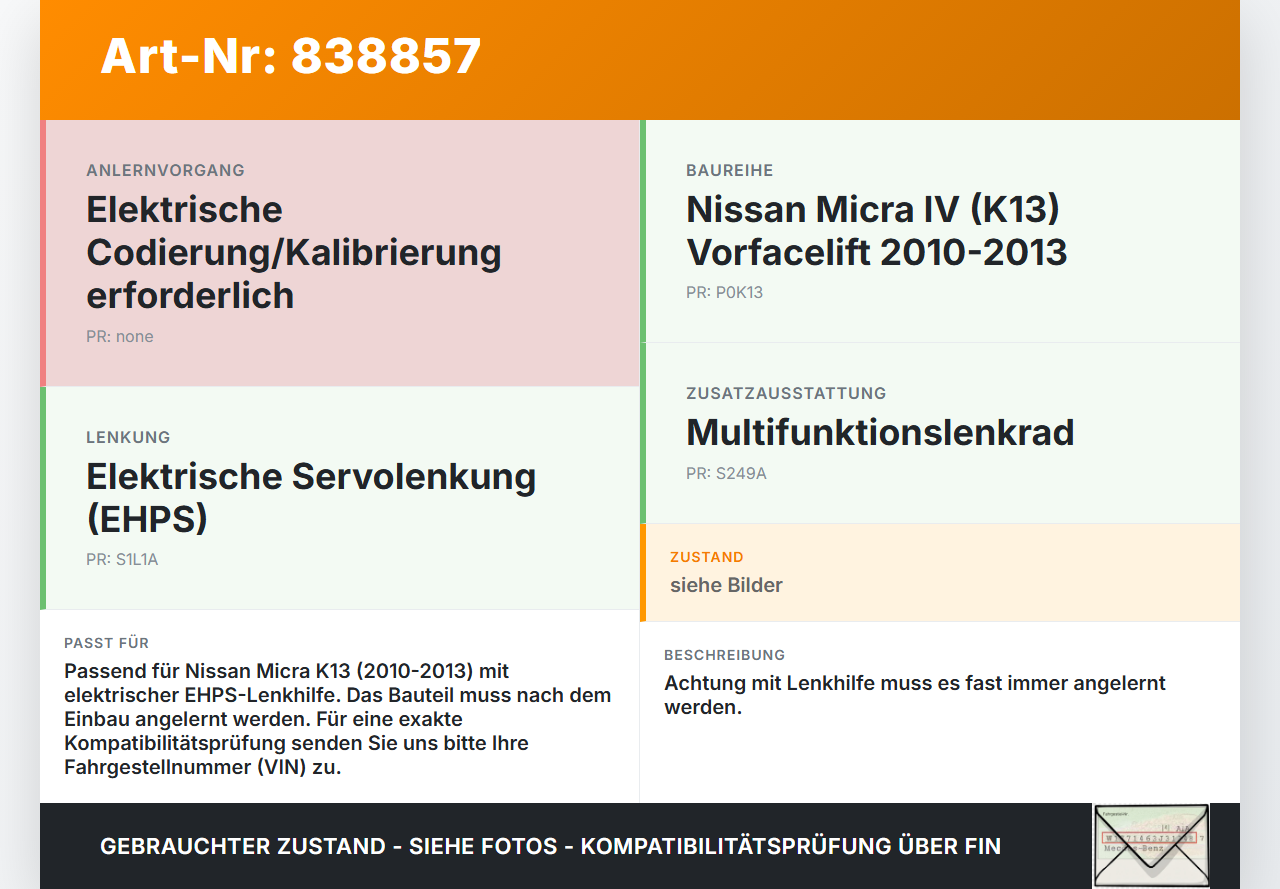 Nissan Micra IV K13 10-13 Lenkhilfe elektr. Nissan Micra IV K13 10-13 27.02.2013 JJ001-000525 gebraucht Vorschau 3