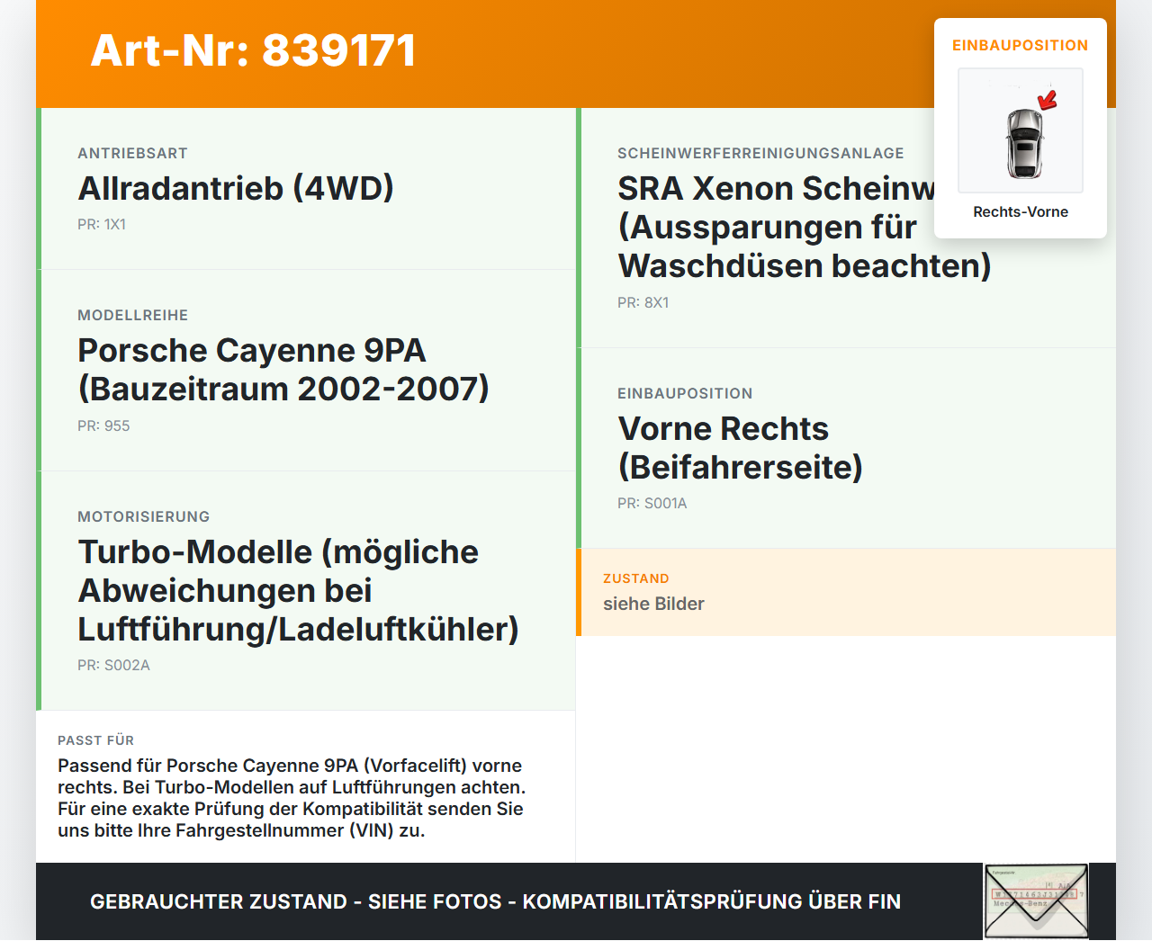Porsche Cayenne 9PA 955 02-07 Verkleidung Radhausschale Rechts Vorne Kotflügel Porsche Cayenne 9PA 955 02-07... Vorschau 3