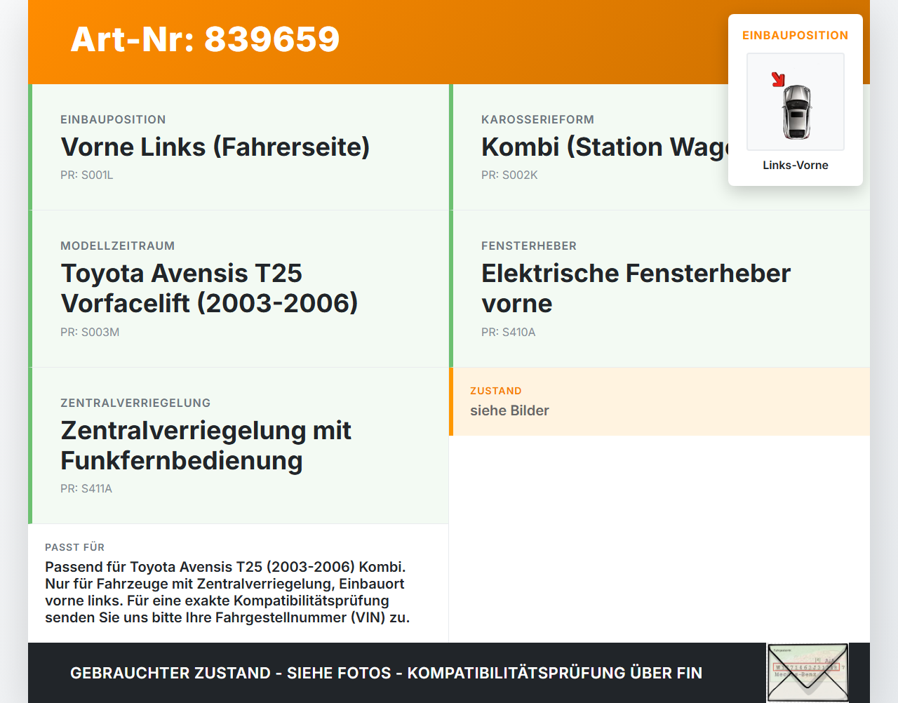 Toyota Avensis T25 03-06 Kombi Türschloss m. ZV Stellmotor Links Vorne Toyota Avensis T25 03-06 18.05.2006 gebraucht Vorschau 3