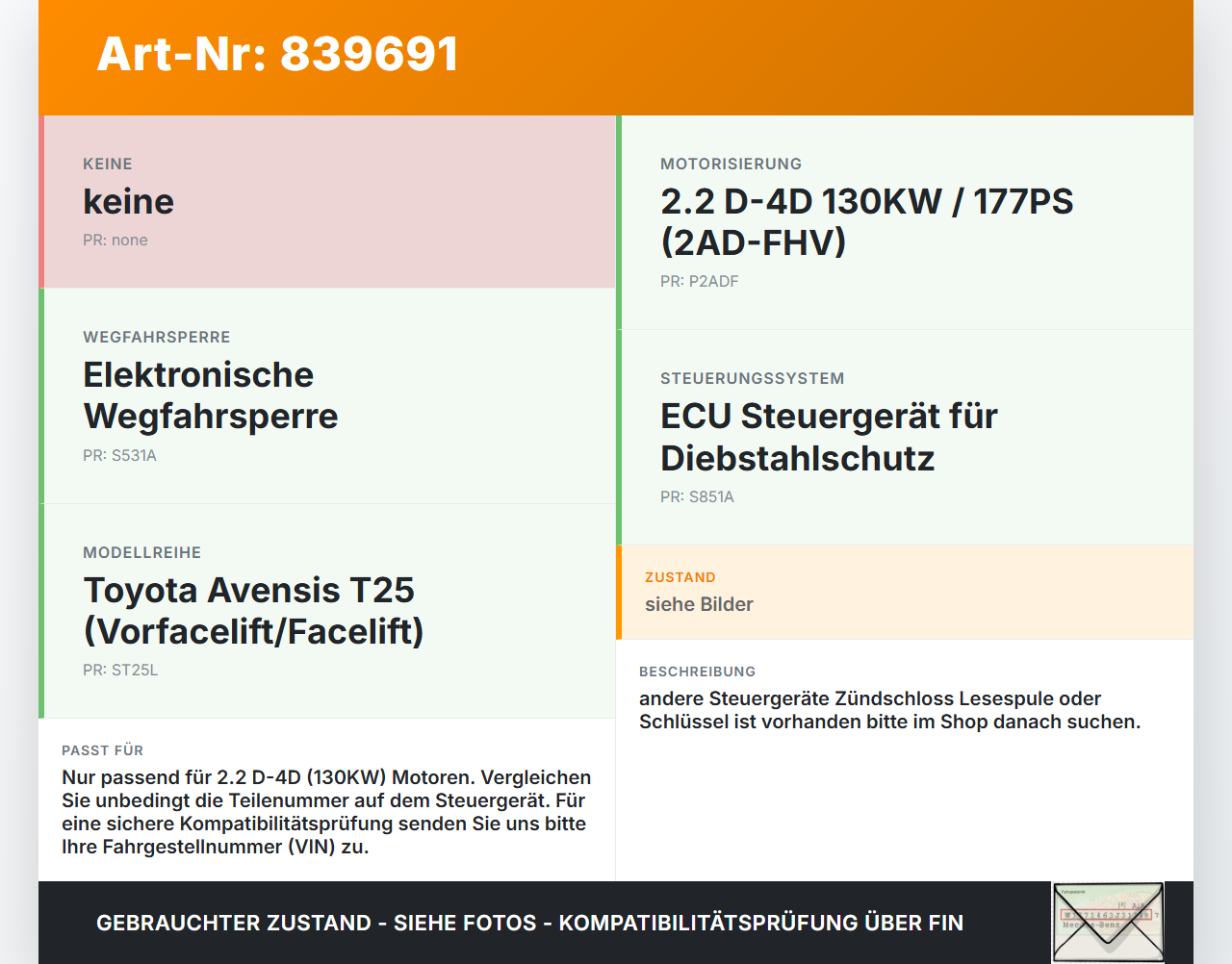 Toyota Avensis T25 03-06 D-4D 2,2 130KW Wegfahrsperre ECU Steuergerät Toyota Avensis T25 03-06 18.05.2006... Vorschau 3