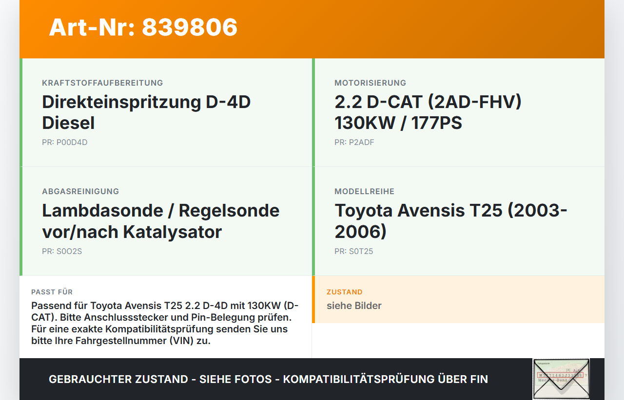 Toyota Avensis T25 03-06 D-4D 2,2 130KW Lambdasonde Toyota Avensis T25 03-06 18.05.2006 gebraucht Vorschau 3