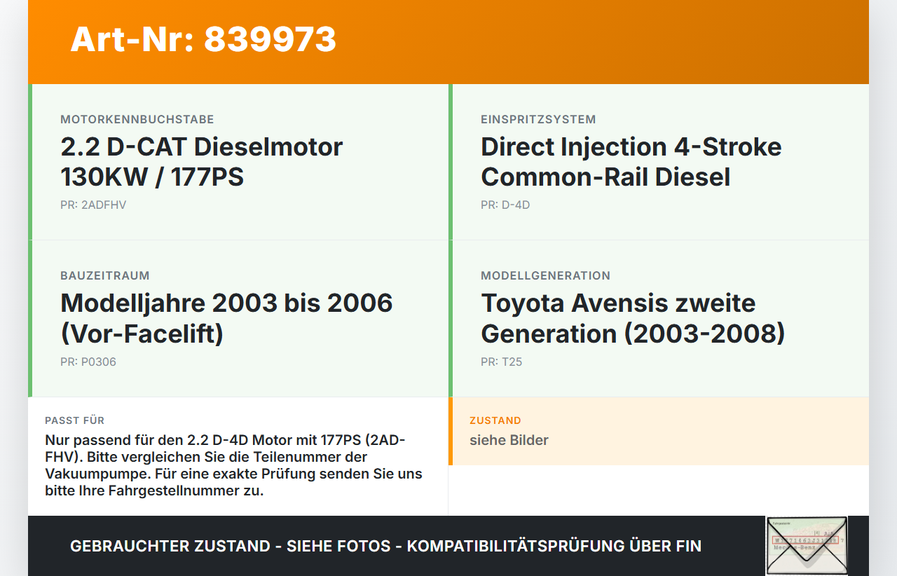 Toyota Avensis T25 03-06 D-4D 2,2 130KW 2ADFHV Unterdruckpumpe Vakuumpumpe Toyota Avensis T25 03-06 18.05.2006 gebraucht Vorschau 3