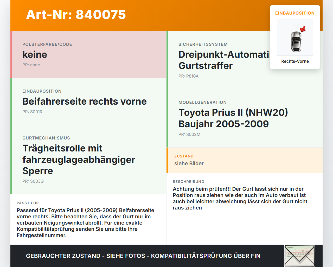 Toyota Prius II 05-09 Gurt Sicherheitsgurt Gurtstraffer für Beifahrer Rechts Vorne Toyota Prius II 05-09 20.03.2008... Vorschau 3