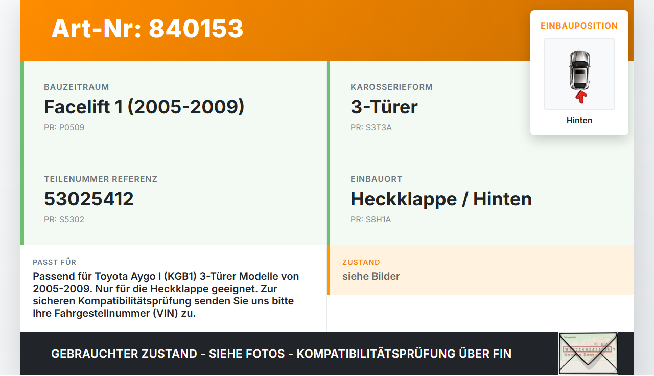 Toyota Aygo I KGB1 05-09 3T Wischermotor Hinten Heckwischermotor Toyota Aygo I KGB1 05-09 26.09.2007 85130-0H010... Vorschau 3