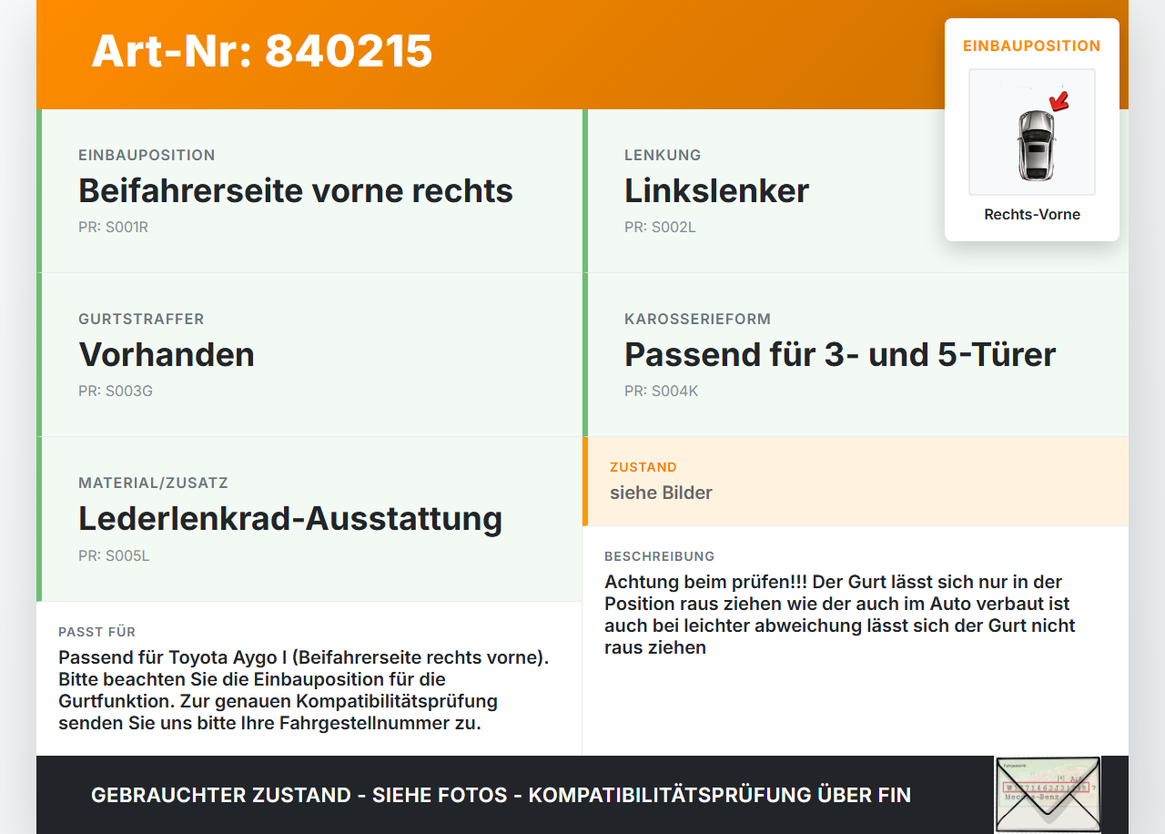Toyota Aygo I KGB1 05-09 3T Schrgh Gurt Sicherheitsgurt m. Gurtstraffer Beifahrer Rechts Vorne Toyota Aygo I KGB1... Vorschau 3