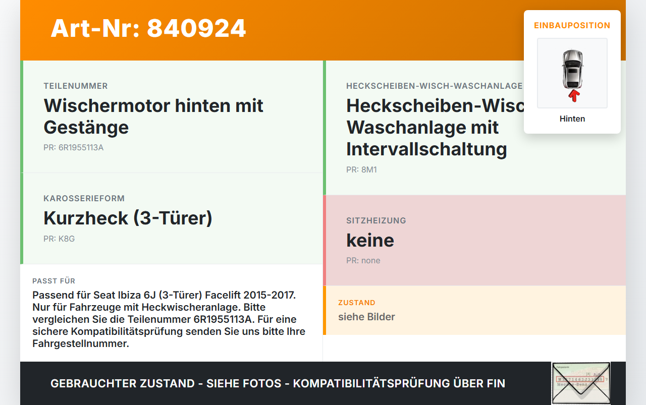 Seat Ibiza FR 6J 15-17 3T Wischermotor mit Wischergestänge Hinten Seat Ibiza FR 6J 15-17 07.10.2016 6R1955113A... Vorschau 3