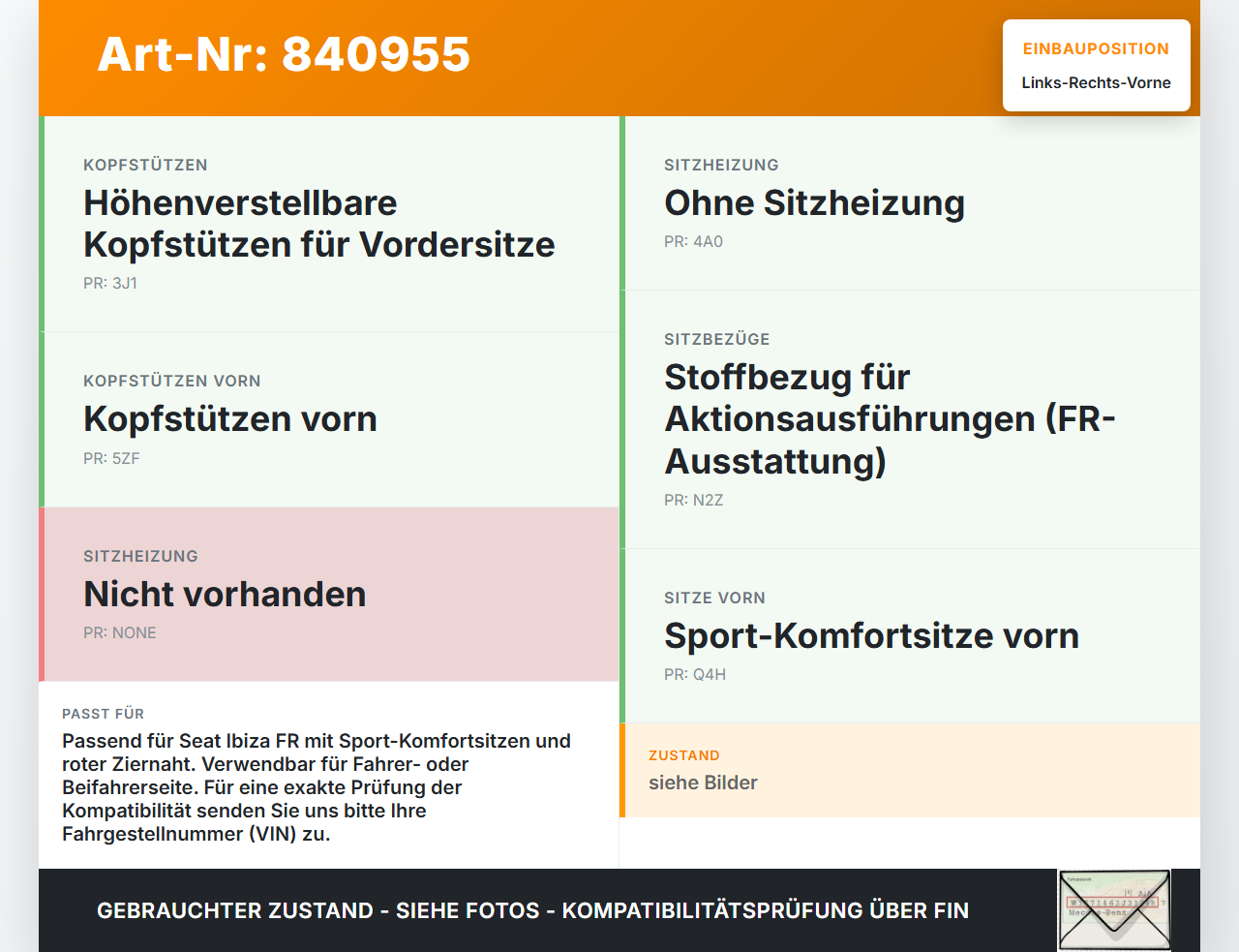 Seat Ibiza FR 6J 15-17 3T Kopfstütze für Beifahrer Sitz Rechts oder Links Vorne rote Naht Seat Ibiza FR 6J 15-17... Vorschau 3