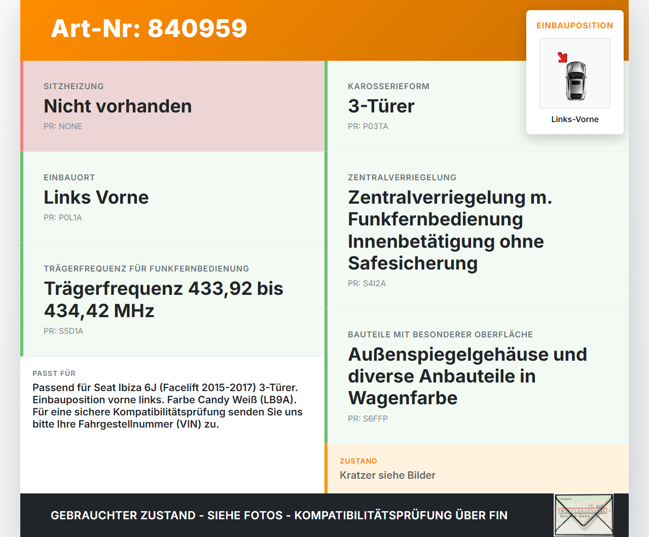 Seat Ibiza FR 6J 15-17 3T Türgriff Griff aussen Links Vorne LB9A Seat Ibiza FR 6J 15-17 07.10.2016 gebraucht Vorschau 3
