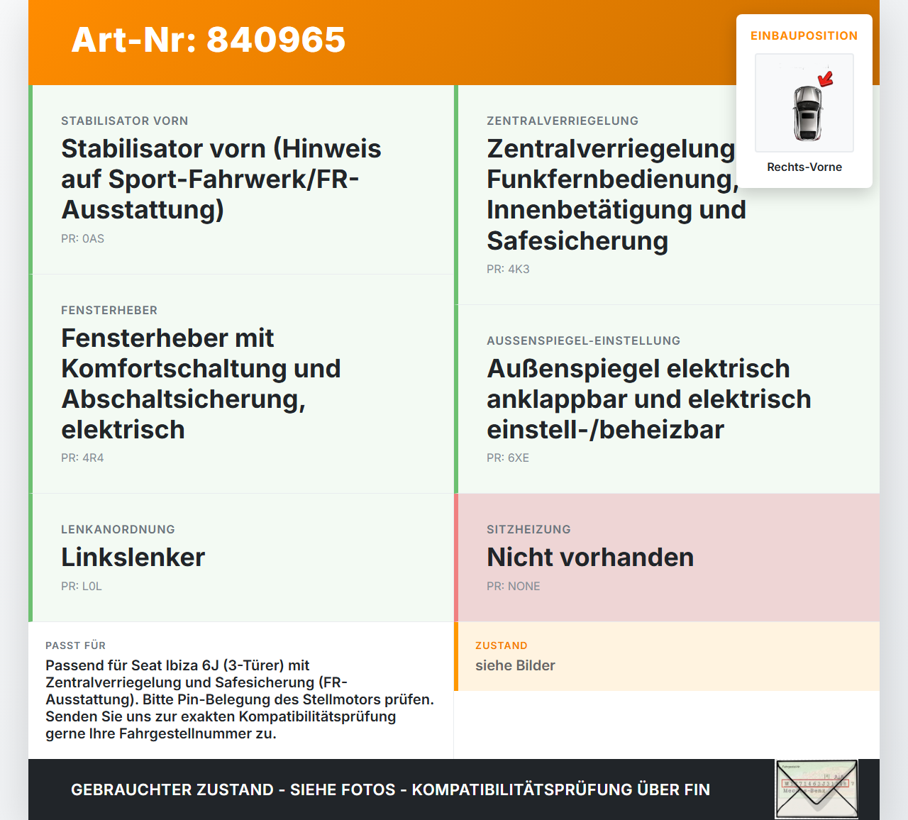 Seat Ibiza FR 6J 15-17 3T Türschloss Sperre m. ZV Stellmotor Rechts Vorne Seat Ibiza FR 6J 15-17 07.10.2016... Vorschau 3