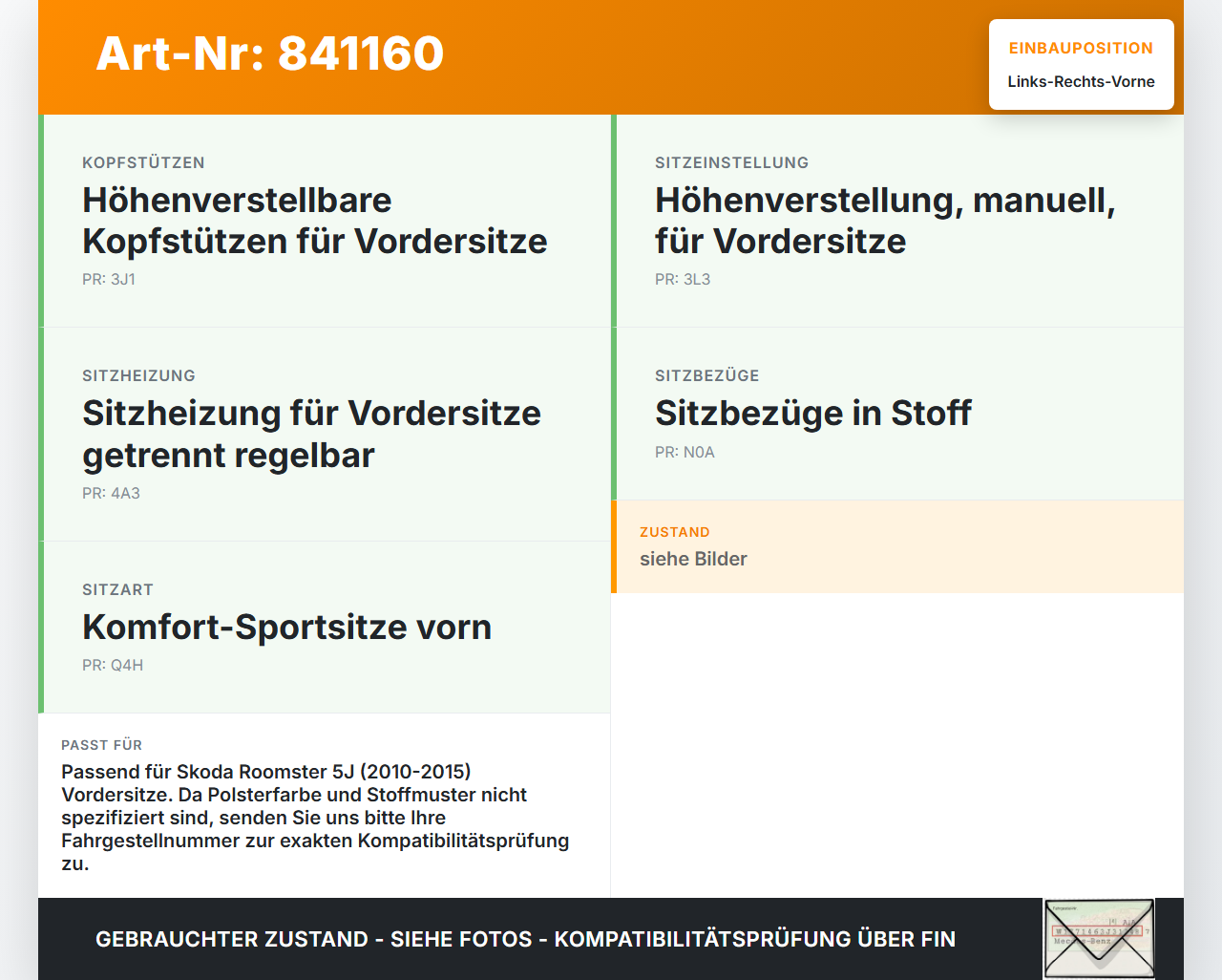 Skoda Roomster 5J 10-15 Kombi Kopfstütze für Beifahrer Sitz Rechts oder Links Vorne Skoda Roomster 5J 10-15... Vorschau 3