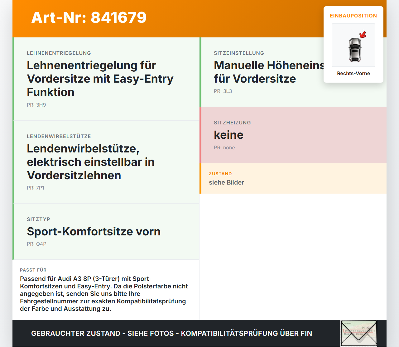 Audi A3 8P 03-05 3T Kopfstütze für Beifahrer Sitz Rechts Vorne Audi A3 8P 03-05 18.05.2004 gebraucht Vorschau 3