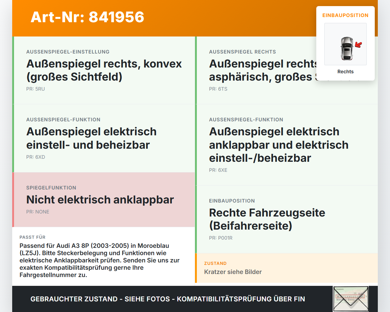 Audi A3 8P 03-05 Spiegel Aussenspiegel Rechts LZ5J Audi A3 8P 03-05 18.05.2004 gebraucht Vorschau 3
