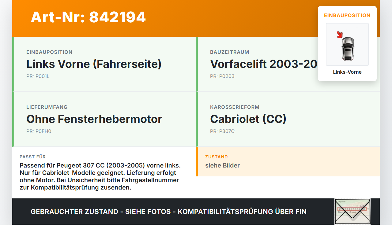 Peugeot 307 CC 03-05 Cabriolet Fensterheber o. FH-Motor Links Vorne Peugeot 307 CC 03-05 22.03.2004 gebraucht Vorschau 3