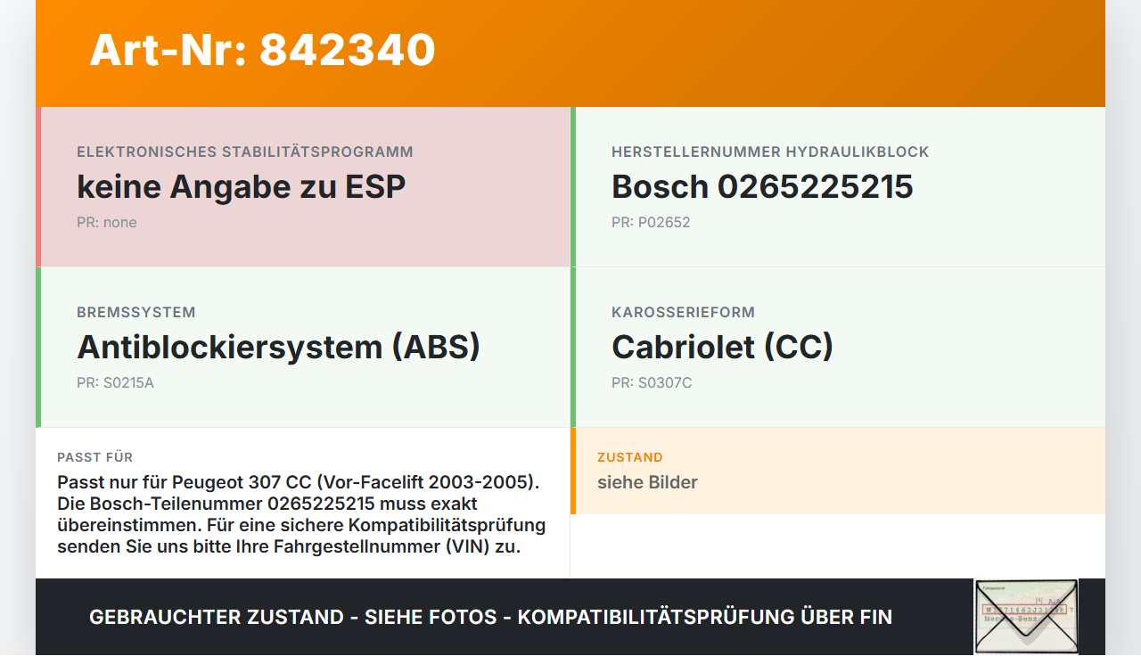 Peugeot 307 CC 03-05 ABS Steuergerät Aggregat Hydraulikblock Peugeot 307 CC 03-05 22.03.2004 0265225215 0265950093... Vorschau 3