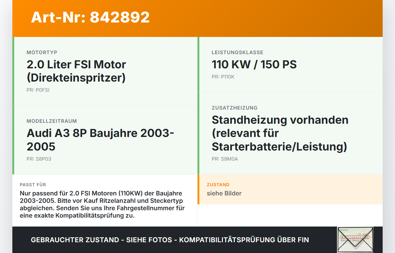 Audi A3 8P 03-05 FSI 2,0 110KW Anlasser Starter Audi A3 8P 03-05 18.05.2004 gebraucht Vorschau 3