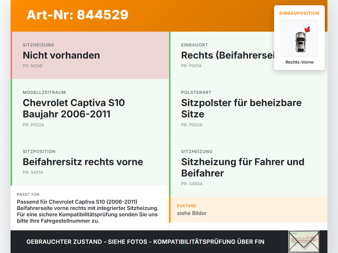 Chevrolet Captiva S10 06-11 Sitzpolster für Beifahrersitz Rechts Vorne beheizt Chevrolet Captiva S10 06-11... Vorschau 3