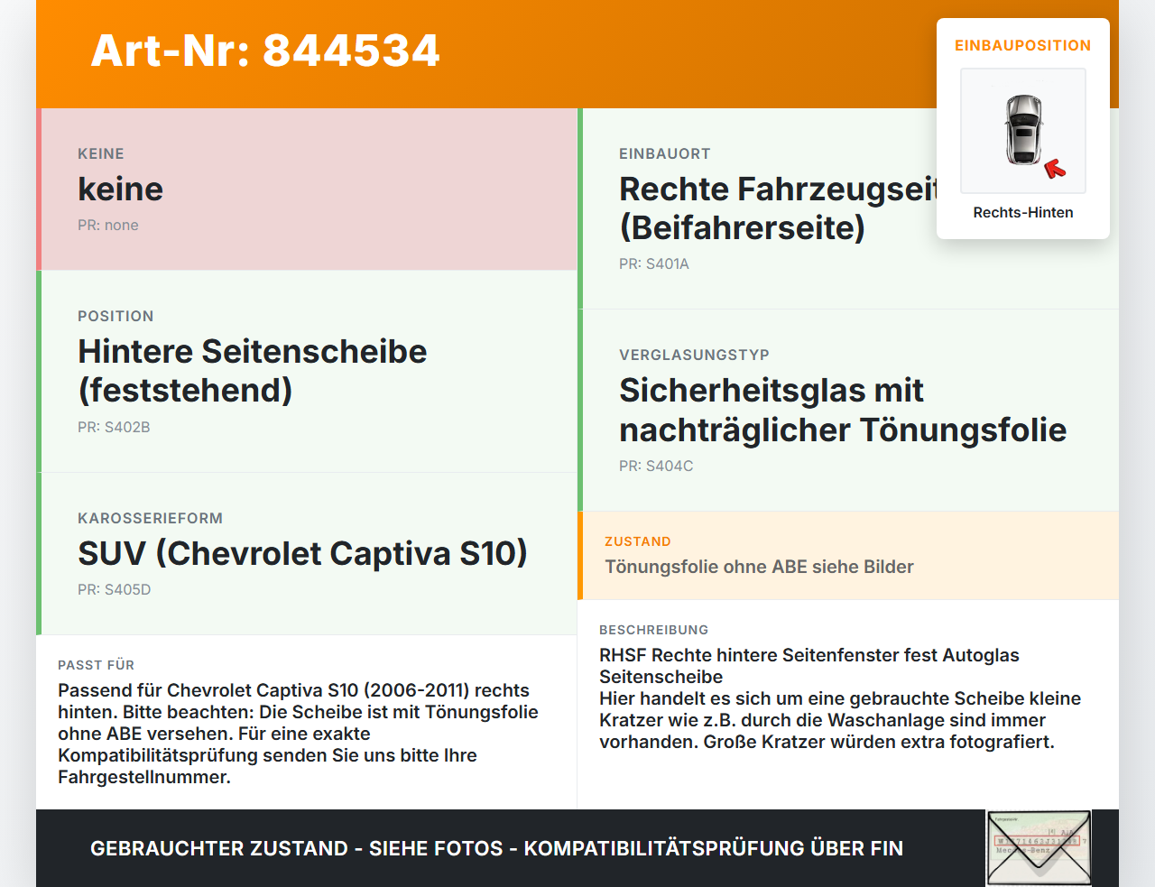 Chevrolet Captiva S10 06-11 Seitenscheibe Feste Scheibe Rechts Hinten Chevrolet Captiva S10 06-11 01.05.2009 gebraucht Vorschau 3