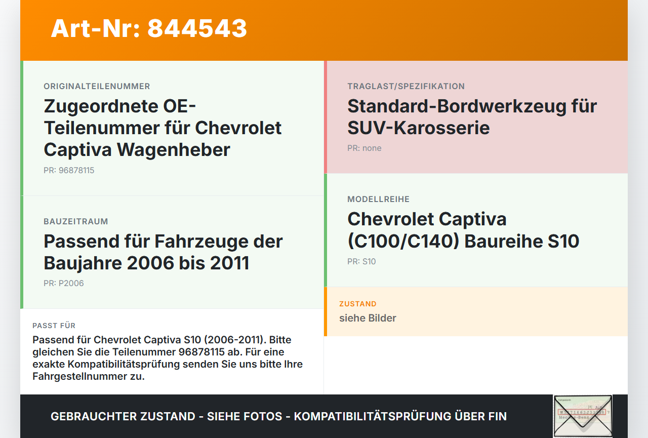 Chevrolet Captiva S10 06-11 Wagenheber Chevrolet Captiva S10 06-11 01.05.2009 96878115 gebraucht Vorschau 3