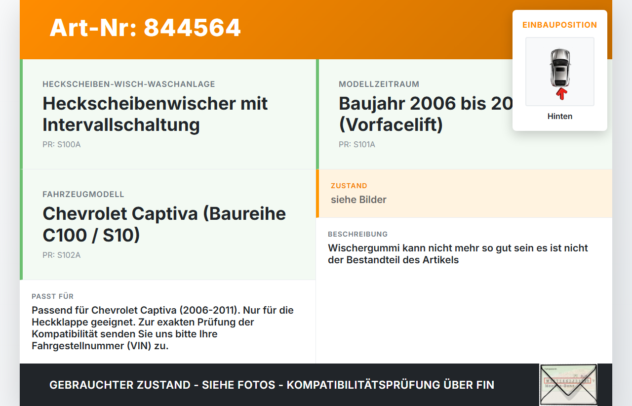 Chevrolet Captiva S10 06-11 Heckwischer Scheibenwischer Hinten Wischarm Chevrolet Captiva S10 06-11 01.05.2009 gebraucht Vorschau 3