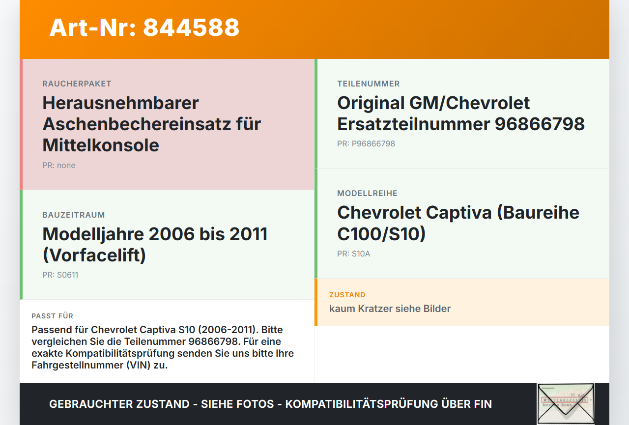 Chevrolet Captiva S10 06-11 Aschenbecher Ascher Chevrolet Captiva S10 06-11 01.05.2009 96866798 gebraucht Vorschau 3