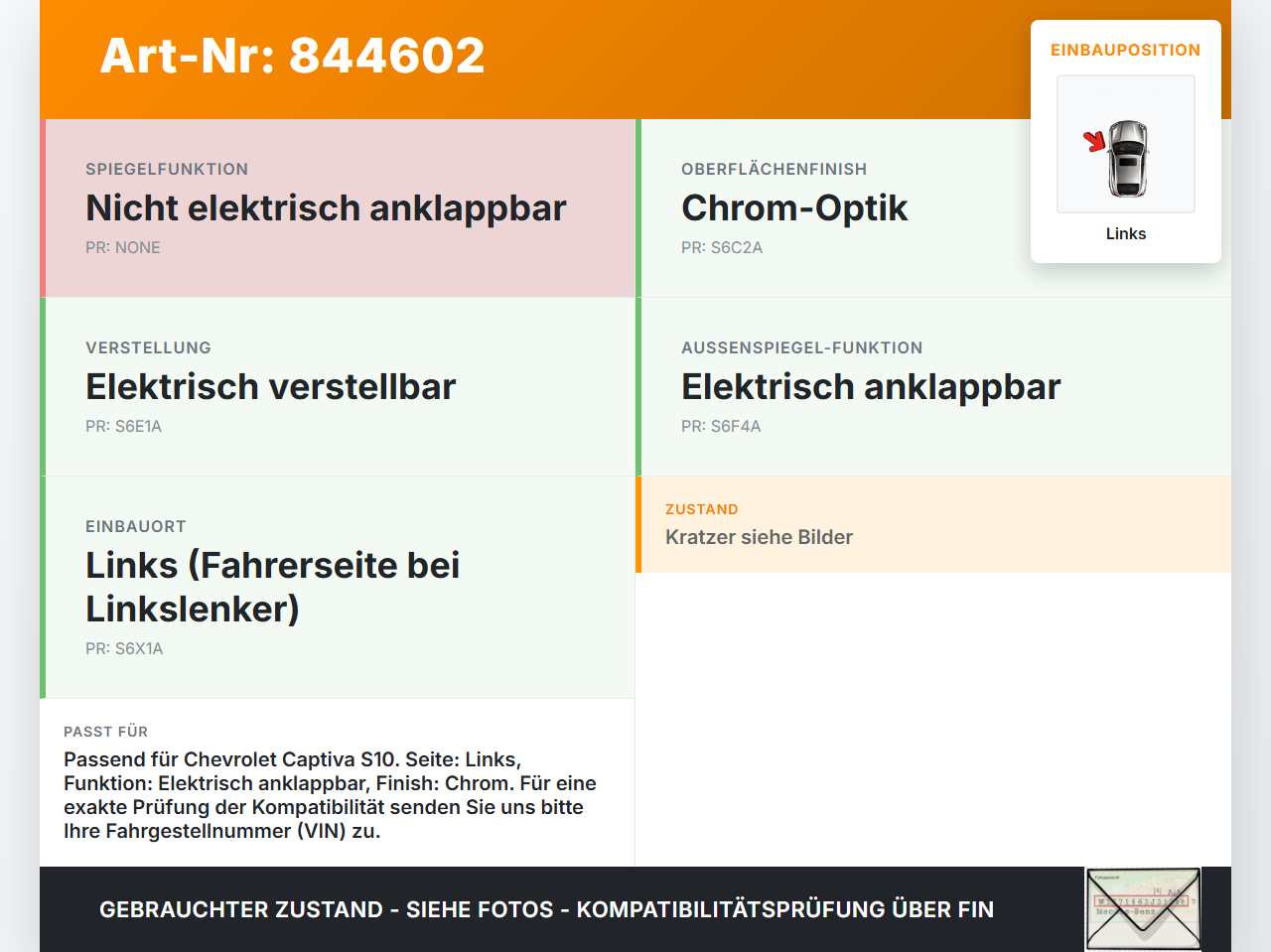 Chevrolet Captiva S10 06-11 Spiegel Aussenspiegel Links Elektr. Klappbar Chrom 26 Chevrolet Captiva S10 06-11... Vorschau 3
