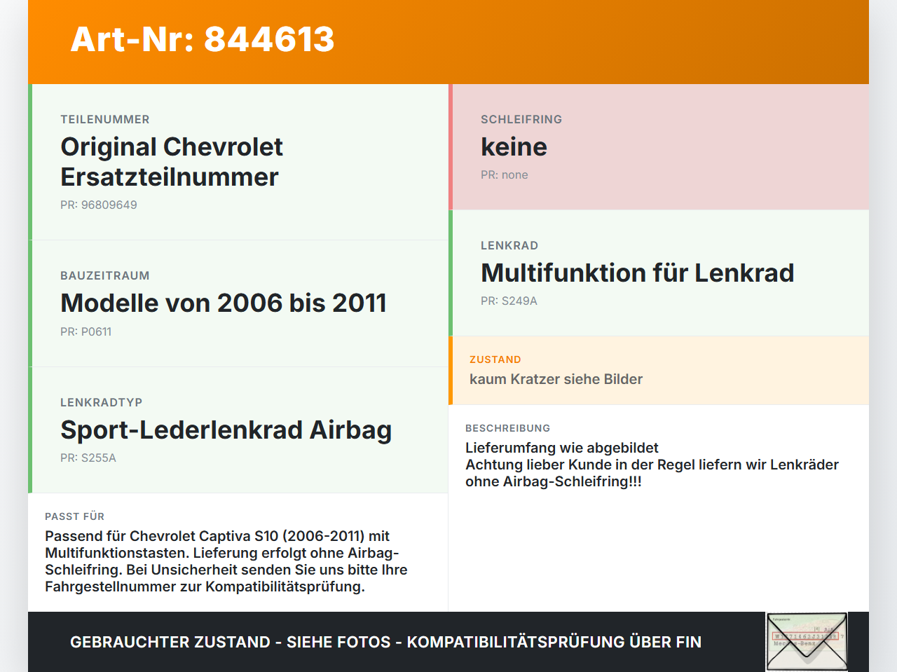 Chevrolet Captiva S10 06-11 Lenkrad Airbaglenkrad Chevrolet Captiva S10 06-11 01.05.2009 96809649 gebraucht Vorschau 3