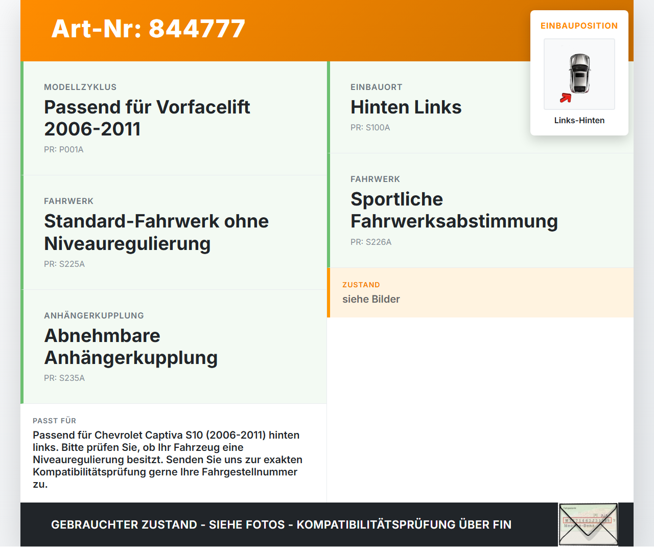 Chevrolet Captiva S10 06-11 Stossdämpfer Links Hinten Chevrolet Captiva S10 06-11 01.05.2009 gebraucht Vorschau 3