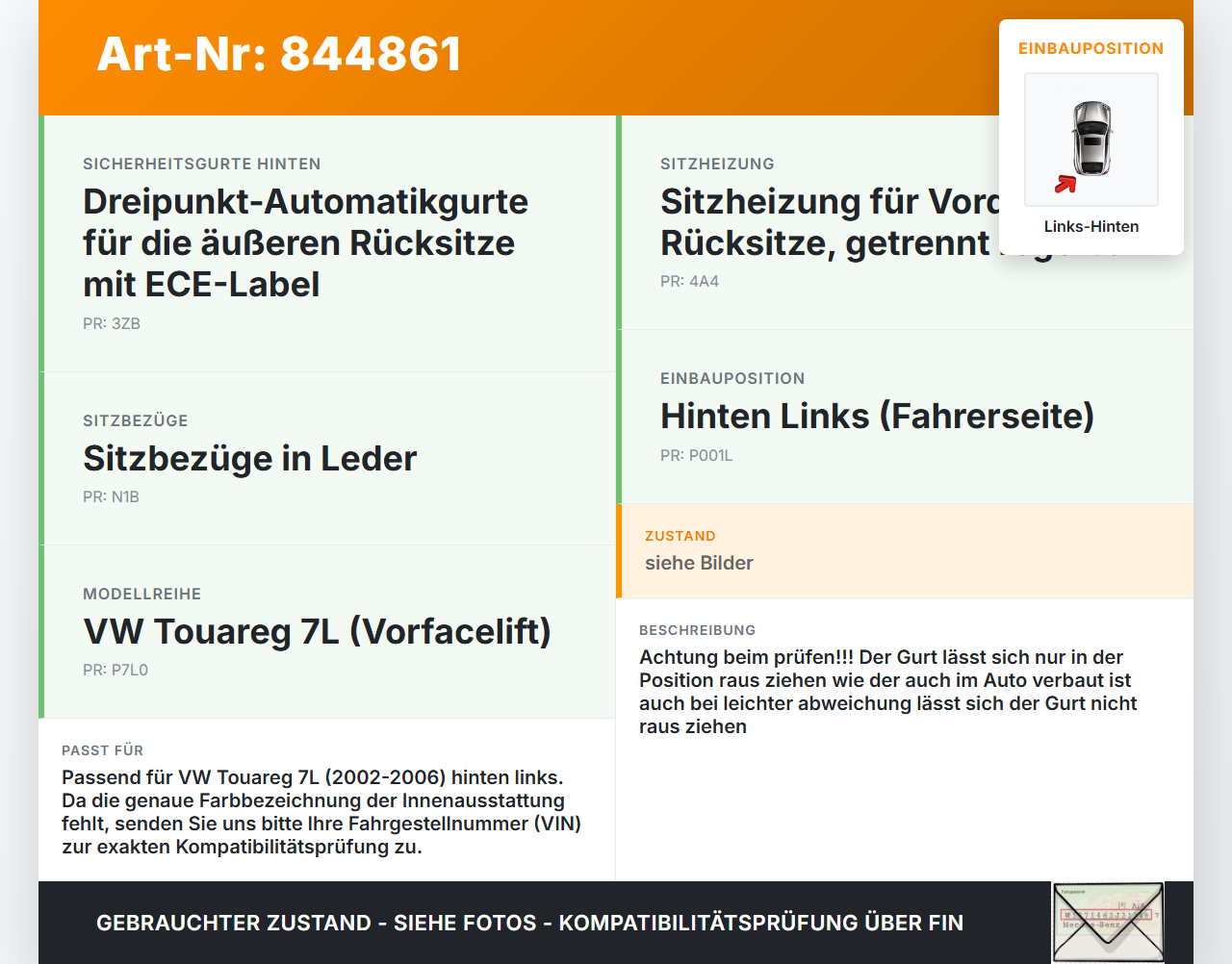 VW Touareg 7L 02-06 Gurt Sicherheitsgurt Links Hinten VW Touareg 7L 02-06 14.07.2003 560981701 gebraucht Vorschau 3