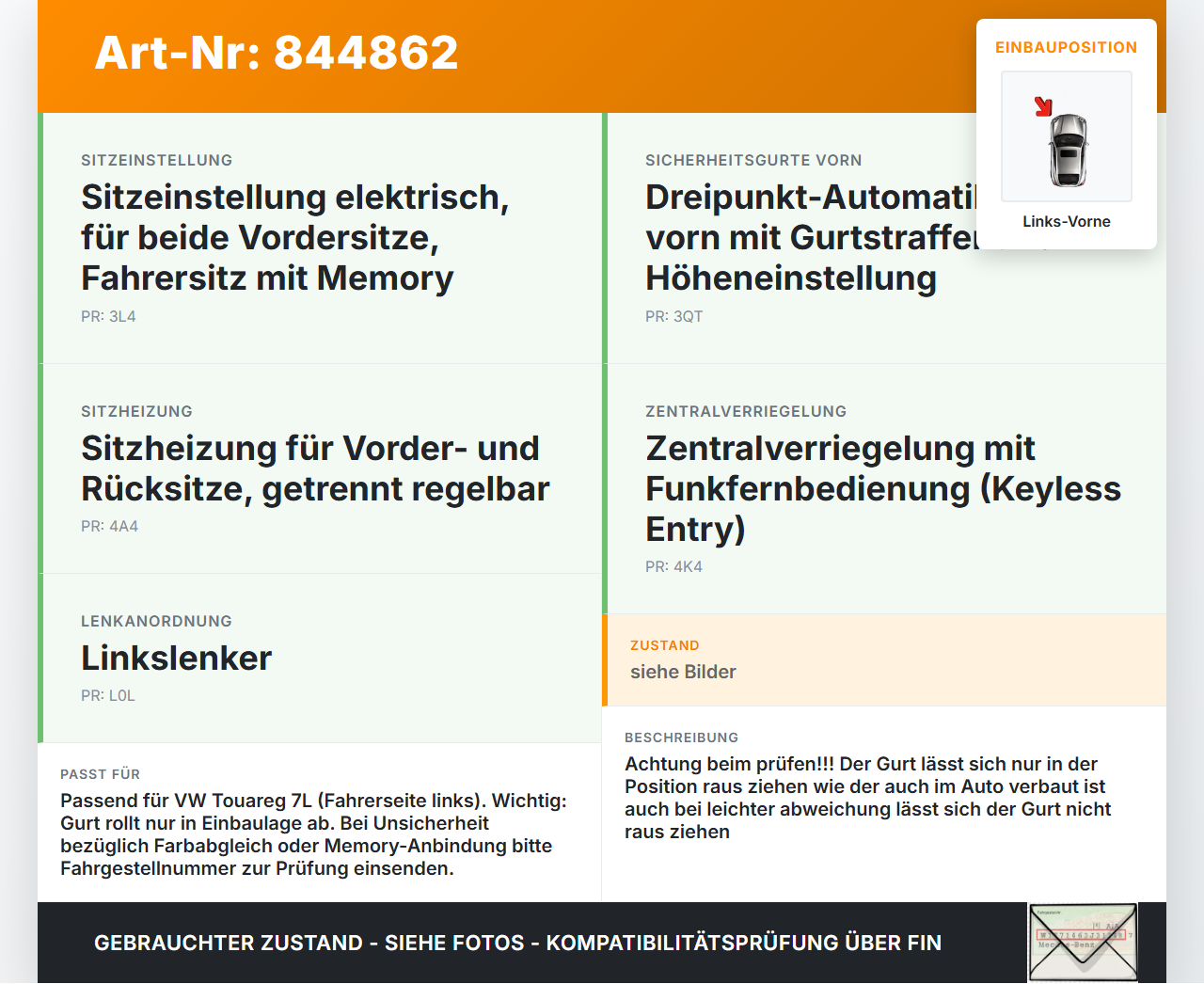 VW Touareg 7L 02-06 Gurt Sicherheitsgurt m. Gurtstraffer Fahrer Links Vorne VW Touareg 7L 02-06 14.07.2003 gebraucht Vorschau 3
