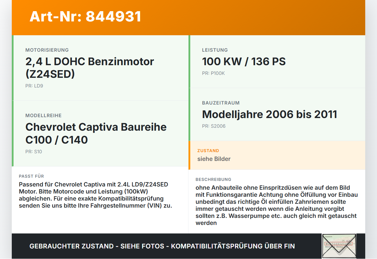 Chevrolet Captiva S10 06-11 2,4 100KW LD9 Z24SED Motor Chevrolet Captiva S10 06-11 01.05.2009 gebraucht Vorschau 3