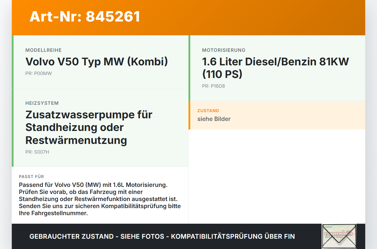 Volvo V50 MW 07-12 1,6 81KW Umwelzpumpe Heizung Pumpe Volvo V50 MW 07-12 2011 gebraucht Vorschau 3