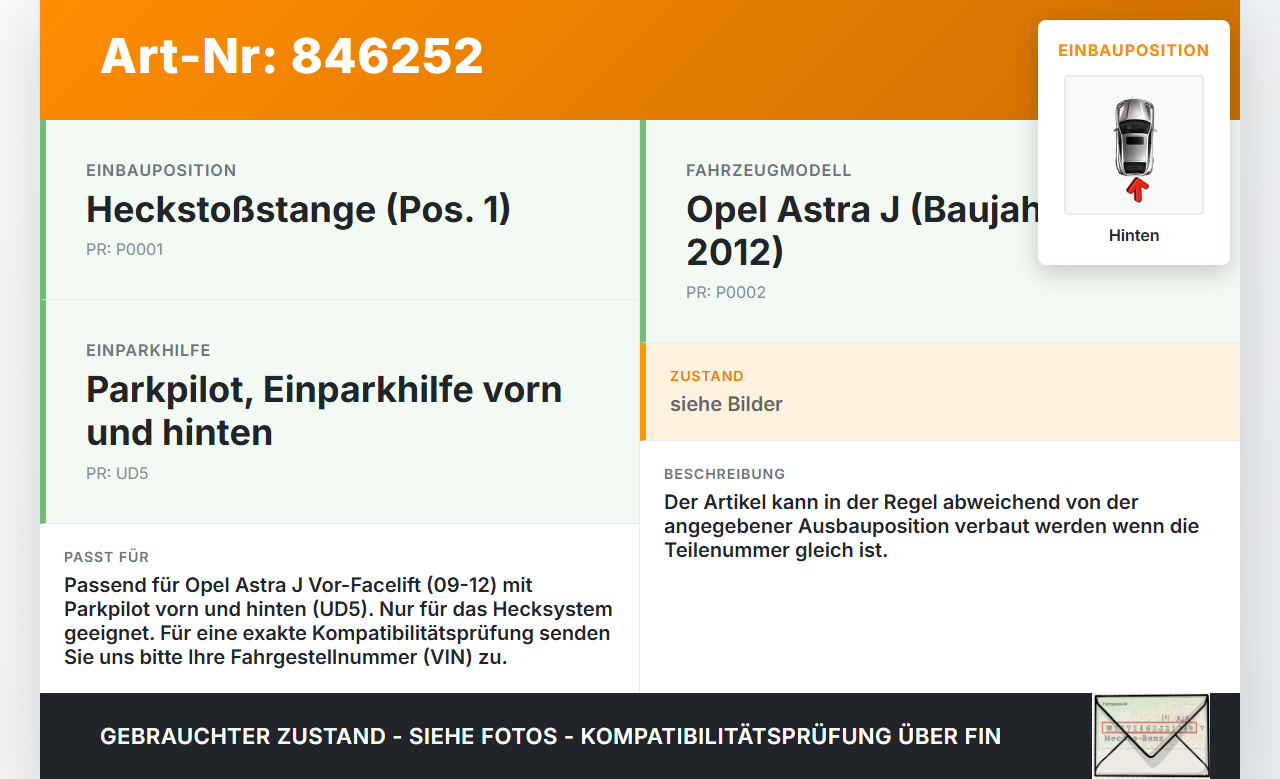 Opel Astra J 09-12 PDC Kabelbaum Pos.1 Hinten Opel Astra J 09-12 2102.2012 13310948 gebraucht Vorschau 3
