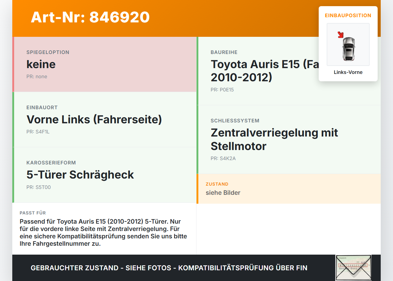 Toyota Auris E15 10-12 5T Türschloss mit ZV Stellmotor Links Vorne Toyota Auris E15 10-12 29.08.2012 gebraucht Vorschau 3