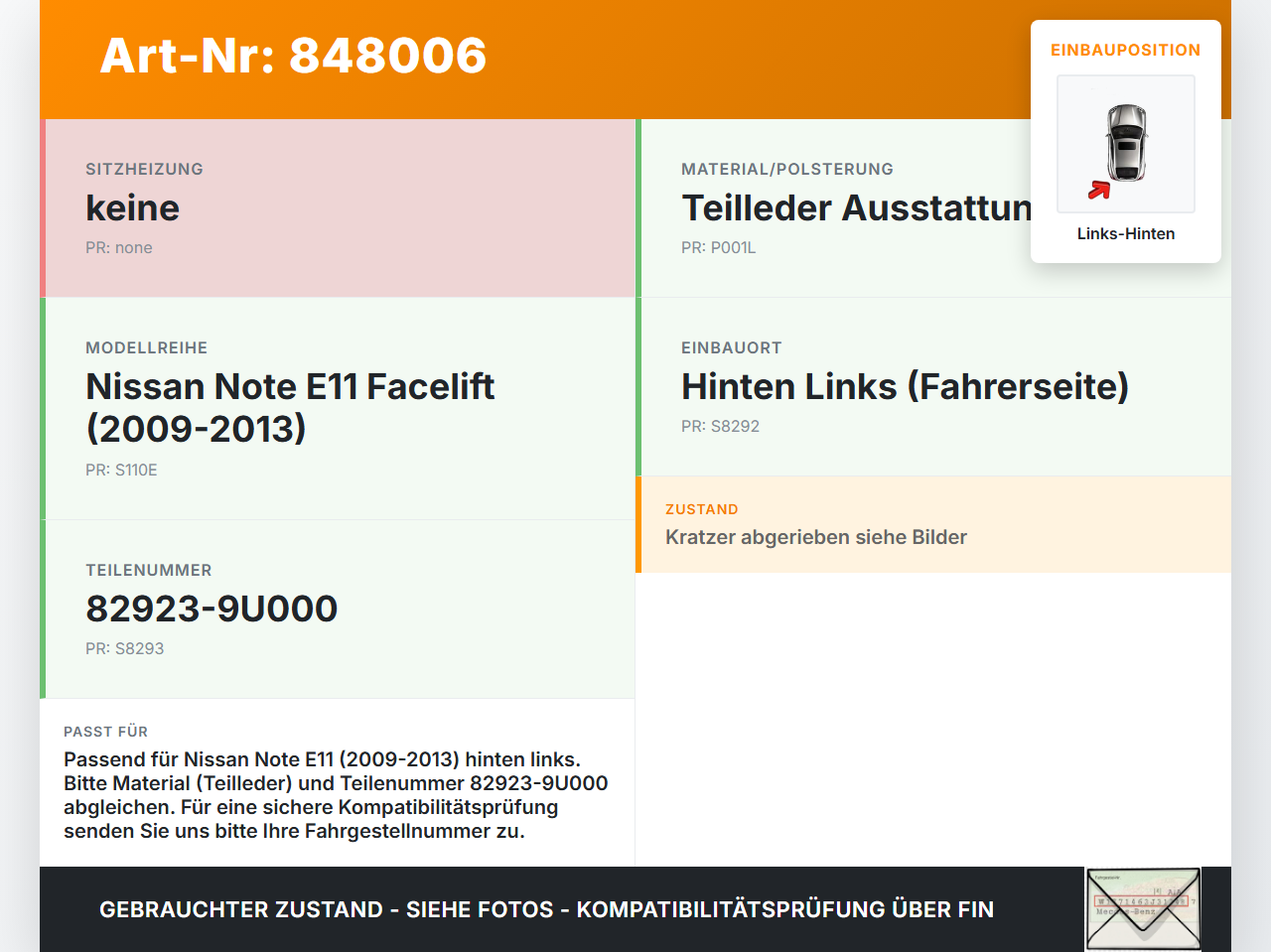 Nissan Note E11 09-13 Türverkleidung Türpappe Links Hinten Nissan Note E11 09-13 28.09.2012 82923-9U000 gebraucht Vorschau 3