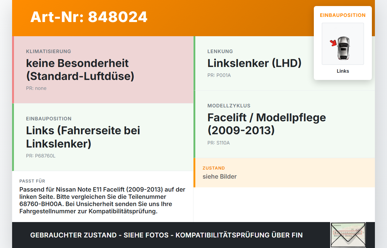 Nissan Note E11 09-13 Luftdusche Luftdüse Links Nissan Note E11 09-13 28.09.2012 68760-BH00A gebraucht Vorschau 3