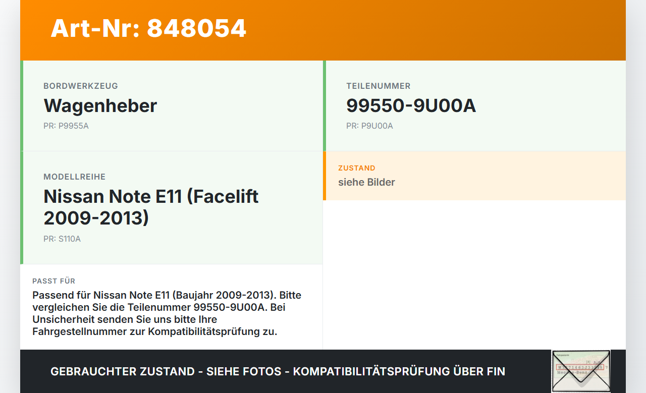 Nissan Note E11 09-13 Wagenheber Nissan Note E11 09-13 28.09.2012 99550-9U00A gebraucht Vorschau 3