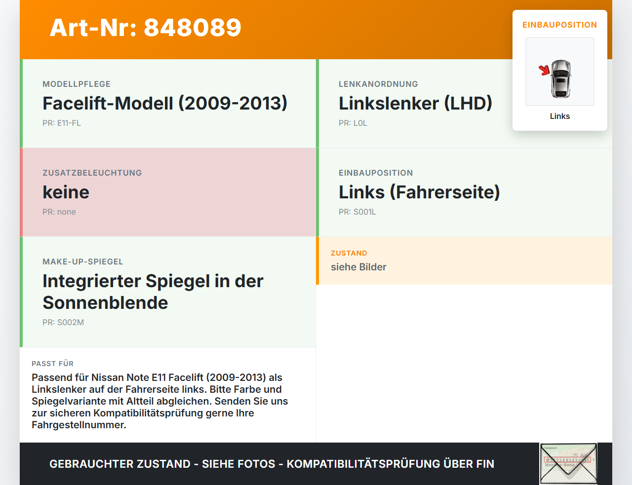 Nissan Note E11 09-13 Sonnenblende Links für Fahrer Nissan Note E11 09-13 28.09.2012 gebraucht Vorschau 3