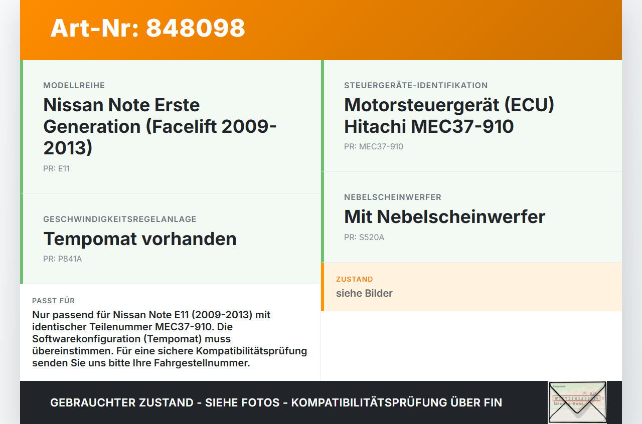 Nissan Note E11 09-13 Steuergerät ECU Modul Nissan Note E11 09-13 28.09.2012 MEC37-910 gebraucht Vorschau 3