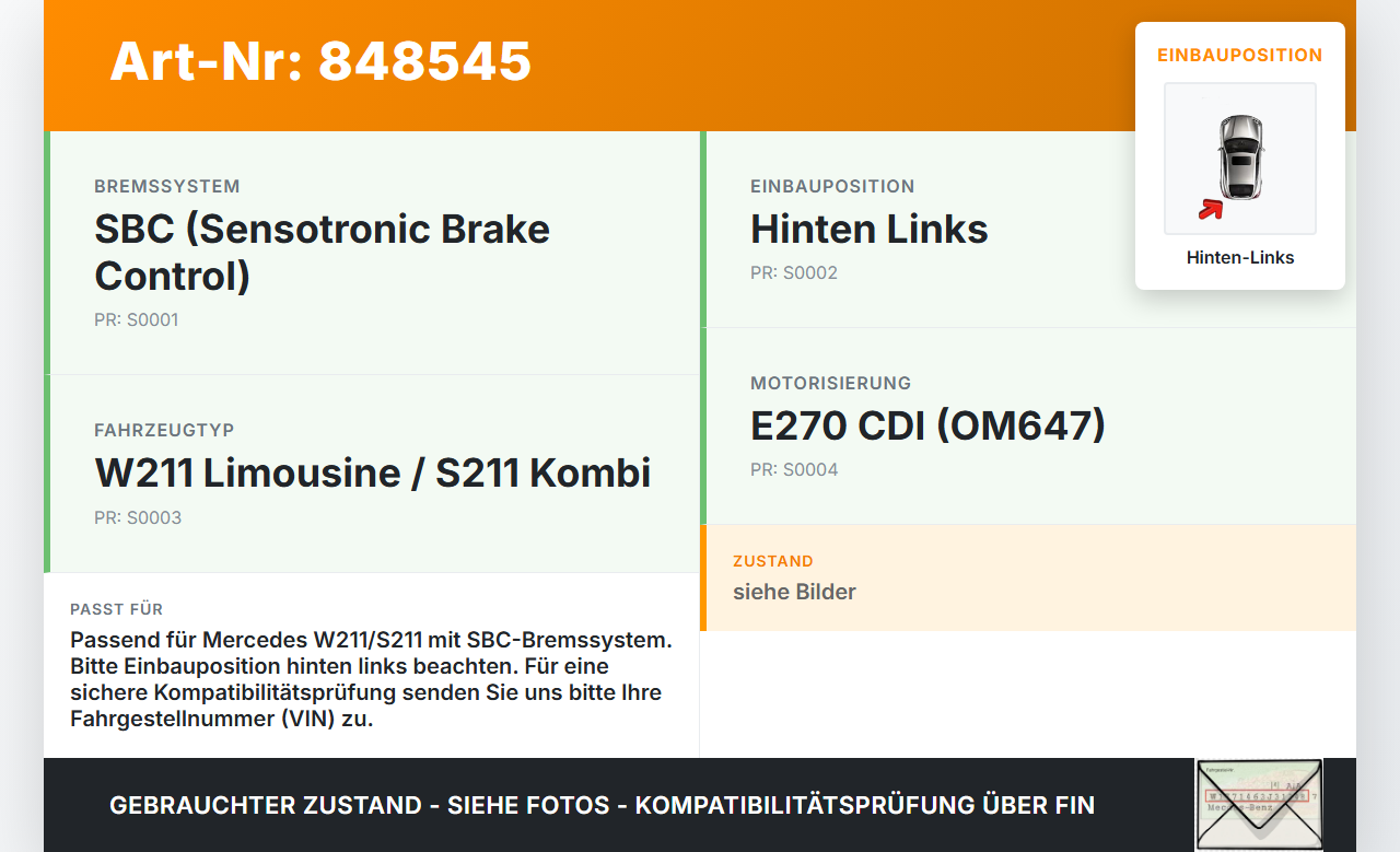 Mercedes S211 W211 E270 02-06 CDI 2,7 130KW Bremssattel Bremszange Hinten Links Mercedes S211 W211 E270 02-06... Vorschau 3