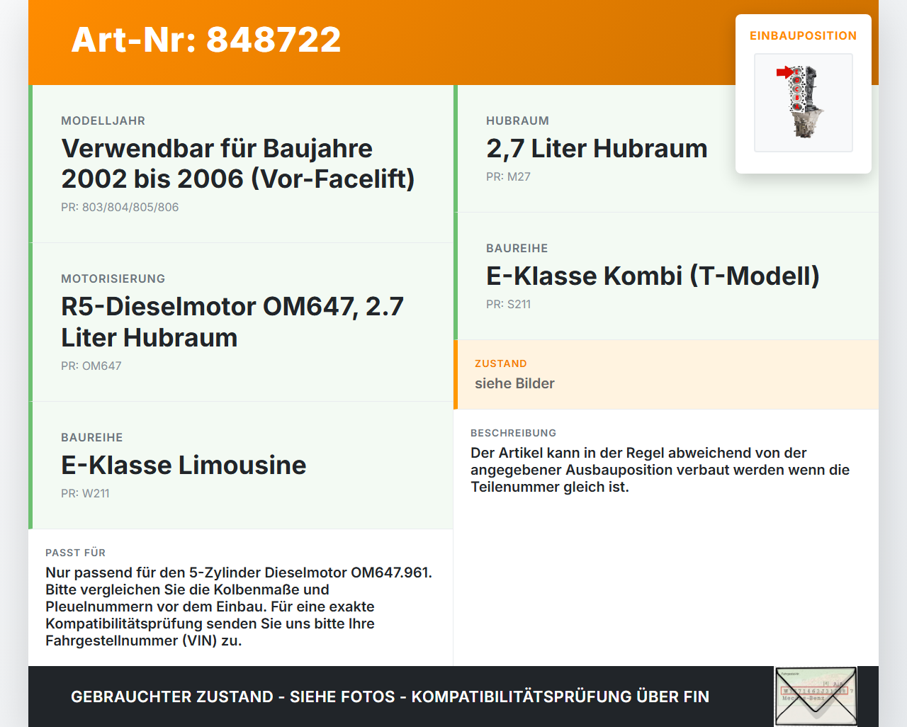 Mercedes S211 W211 E270 02-06 CDI 2,7 130KW 647961 Kolben mit Pleuel Pos E Mercedes S211 W211 E270 02-06 18.11.2003... Vorschau 3