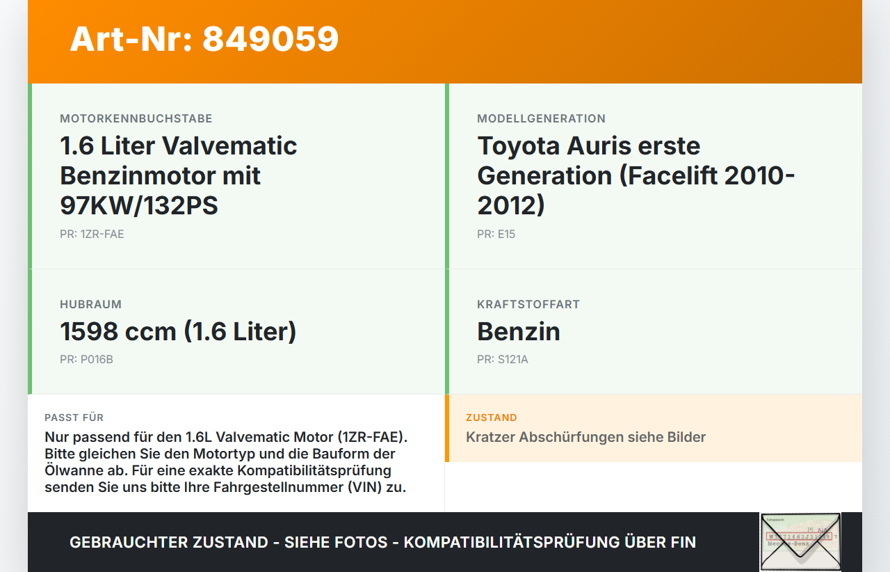 Toyota Auris E15 10-12 1,6 97KW 1ZRFAE Ölwanne Motorwanne Toyota Auris E15 10-12 29.08.2012 gebraucht Vorschau 3
