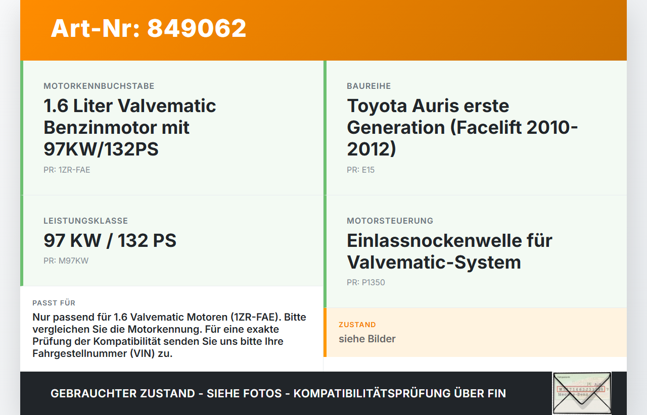 Toyota Auris E15 10-12 1,6 97KW 1ZRFAE Nockenwelle Einlass Toyota Auris E15 10-12 29.08.2012 gebraucht Vorschau 3