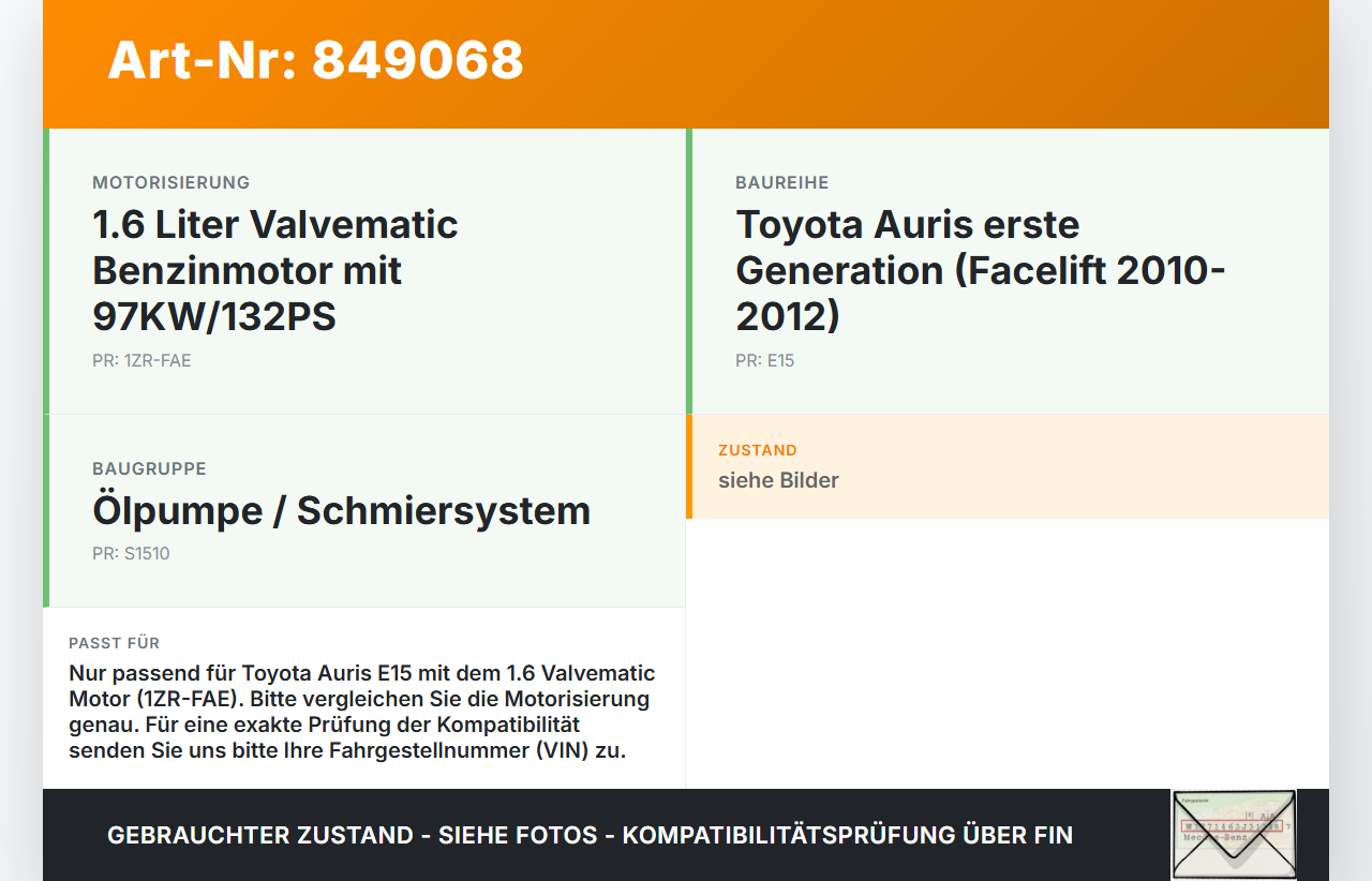 Toyota Auris E15 10-12 1,6 97KW 1ZRFAE Ölpumpe Toyota Auris E15 10-12 29.08.2012 gebraucht Vorschau 3