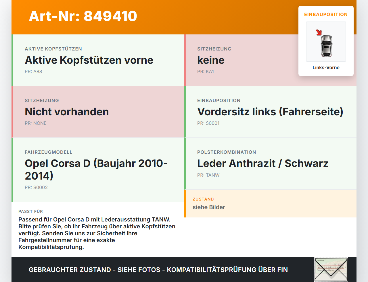 Opel Corsa D 10-14 Kopfstütze Leder für Fahrer Sitz Links Vorne Opel Corsa D 10-14 03.06.2014 gebraucht Vorschau 3