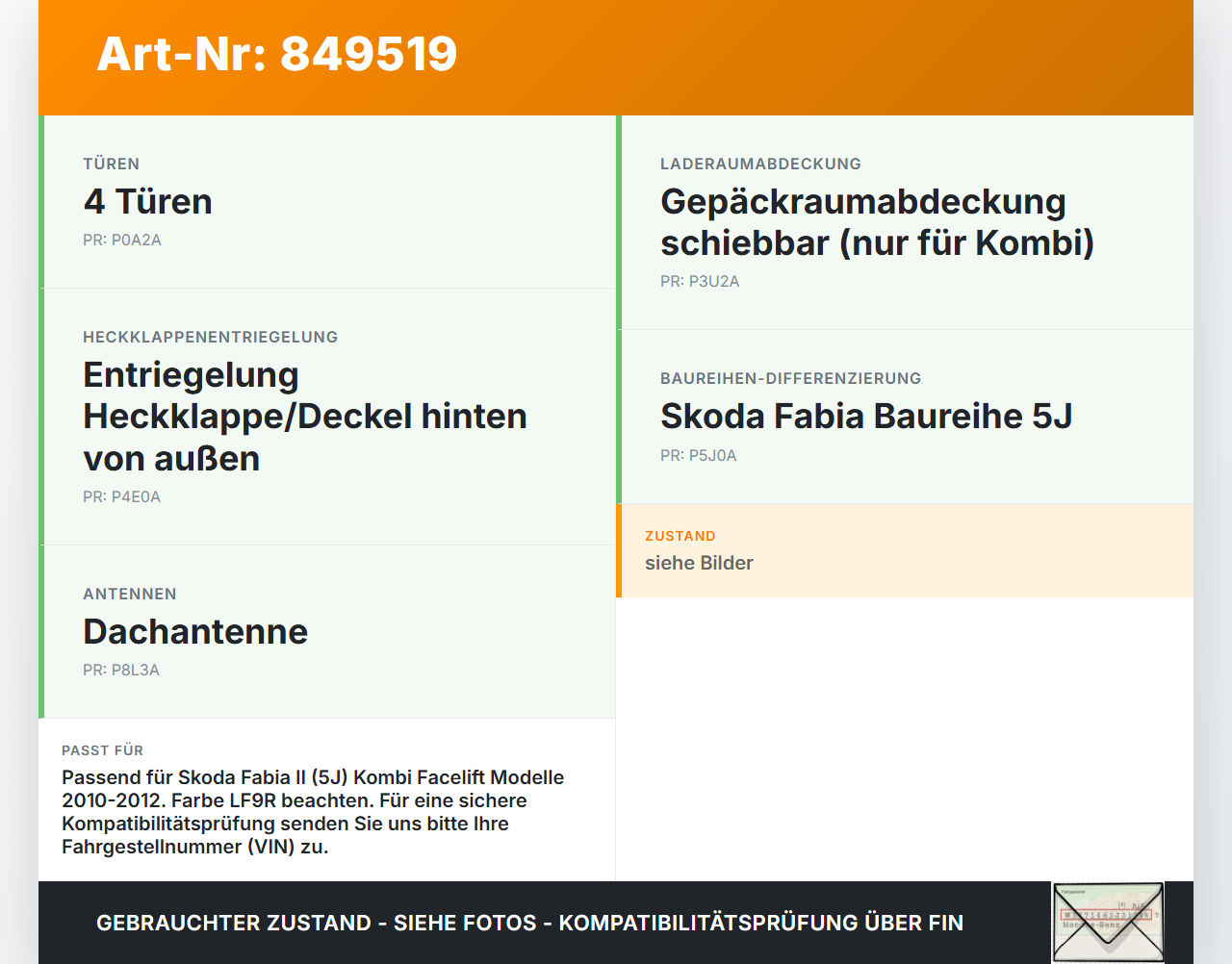 Skoda Fabia II 5J 10-12 Kombi Taster Griff aussen Heckklappe LF9R Skoda Fabia II 5J 10-12 08.10.2010 gebraucht Vorschau 3