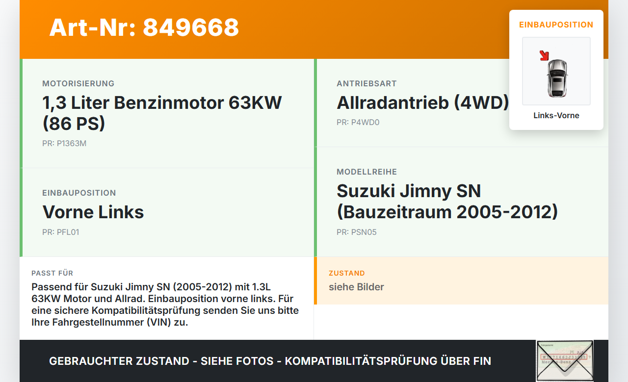 Suzuki Jimny SN 05-12 1,3 63KW Motorhalter Motorlager Links Vorne Suzuki Jimny SN 05-12 17.08.2007 gebraucht Vorschau 3